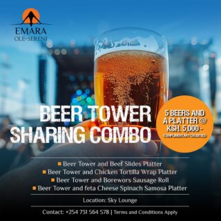 Good times taste better when shared. Enjoy our Beer Tower paired with platter combos at Sky Lounge and make every evening unforgettable. 

To reserve a table, call +254 731 564578.

#EmaraOleSereni #BeerTower #SkyLounge