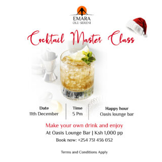 Shake, stir, sip! 🍸

Join us on 11th December for a Cocktail Master Class at Oasis Lounge Bar. Learn to craft your own drink and enjoy happy hour vibes all evening.

Ksh 1,000 pp | 5 PM

📞 Book now: +254 731 436 032

#EmaraOleSereni #besthotelinnairobi #cocktailmasterclass