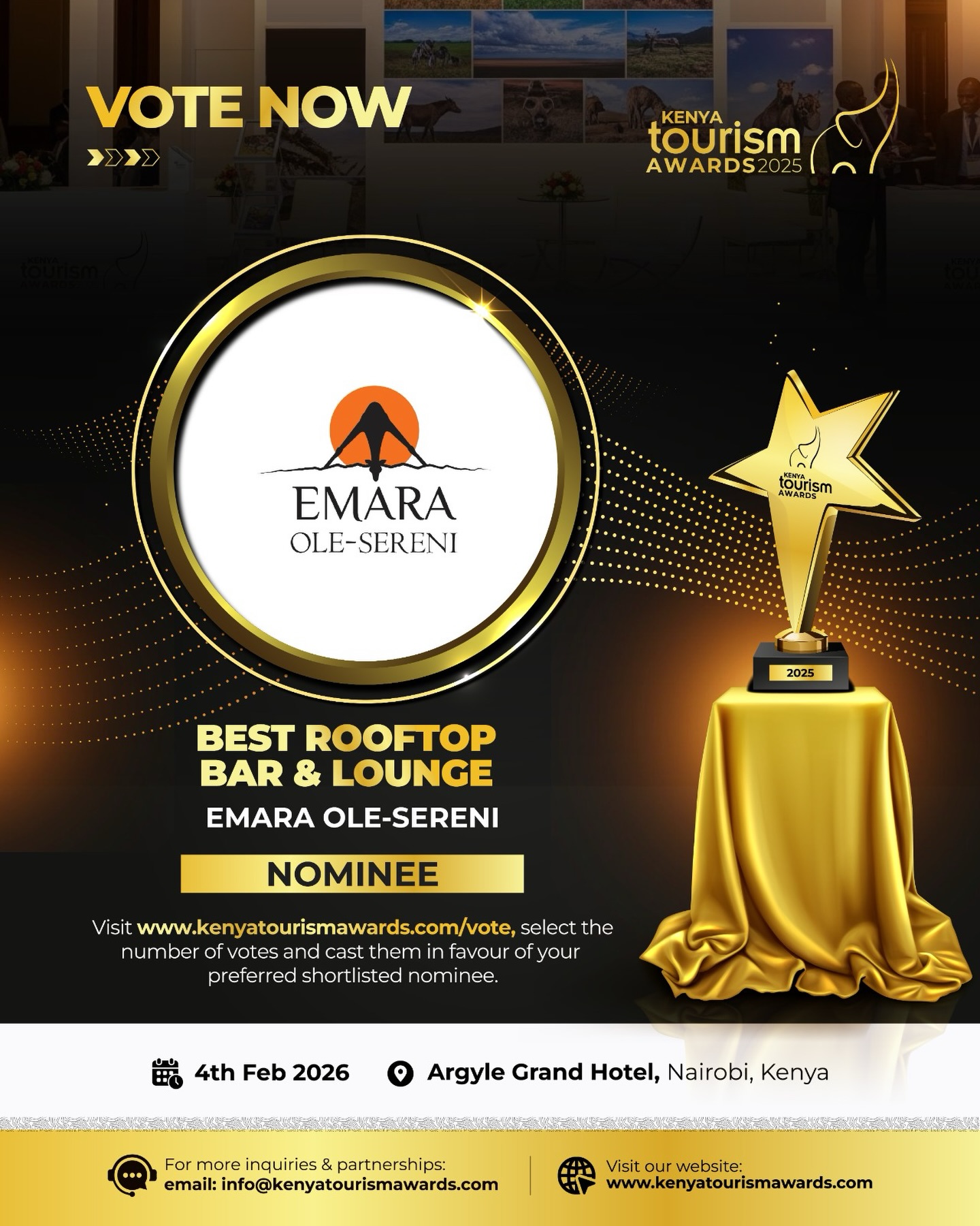 Exciting news! Sky Lounge at Emara Ole-Sereni has been nominated for Best Rooftop Bar at the Kenya Tourism Awards. Known for its elevated dining experience, skyline views, and vibrant atmosphere overlooking Nairobi National Park, Sky Lounge continues to redefine rooftop experiences in the city.
🔗 Vote here:
https://kenyatourismawards.com/vote/best-rooftop-bar-and-lounge/
We appreciate your continued support.

#SkyLounge #KenyaTourismAwards #BestRooftopBar