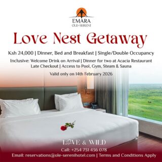 From a romantic dinner to a restful night and a slow morning together, this is Valentine’s done properly. Enjoy our Love Nest Getaway, crafted for couples who want to enjoy the full Valentine’s experience. 

Ksh. 24,000 | Single/Double Occupancy
Inclusive of Valentine’s Dinner, Bed & Breakfast
Free access to pool, gym, steam & sauna
Welcome drink on arrival
Valid only on 14th February 2026

RSVP: +254 731 436078 | reservations@ole-serenihotel.com

#EmaraOleSereni #LoveAndWild #LoveNestGetaway