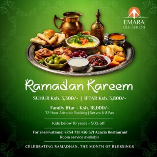 Celebrate the holy month of Ramadan with a delightful Suhur and Iftar at Acacia Restaurant. From flavorful traditional dishes to exquisite desserts, we've prepared a feast to make your mornings and evenings special. 

Suhur - Ksh. 3,300 | Iftar - Ksh. 3,800
Kids below 10 years enjoy 50% off
For reservations, call +254 731 436571

#EmaraOleSereni #RamadanKareem #AcaciaRestaurant