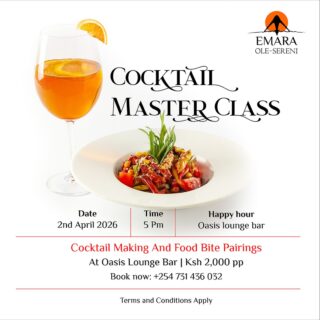 Ever wondered what it takes to craft the perfect cocktail? Join us at Oasis Lounge Bar for an immersive Cocktail Masterclass, where our talented mixologists will guide you through the art and science of cocktail making as you enjoy paired bitings. 

To reserve a spot, call +254 731 436 032.

#EmaraOleSereni #CocktailMasterclass #BestHotelInNairobi