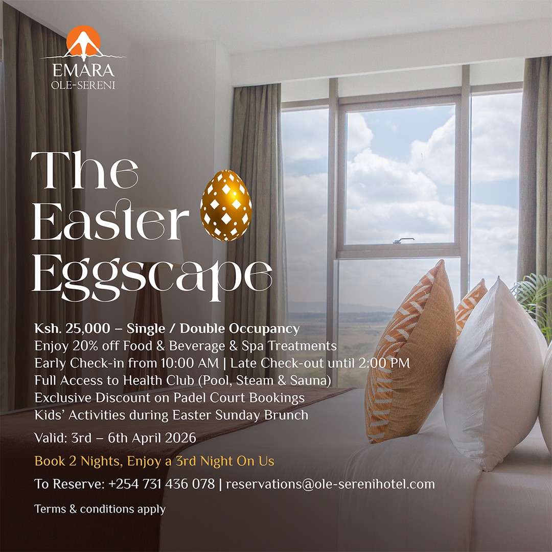 Celebrate Easter at Emara with a stay that blends warmth, comfort, and timeless charm. Because you deserve a break that feels as good as it looks. This Easter, stay two nights and get the 3rd night on us! 

Ksh. 25,000 – Single / Double Occupancy 
Enjoy 20% off Food & Beverage & Spa Treatments 
Early Check-in from 10:00 AM | Late Check-out until 2:00 PM 
Full Access to Health Club (Pool, Steam & Sauna) 
Exclusive Discount on Padel Court Bookings 
Kids’ Activities during Easter Sunday Brunch 
To Book | Call +254 731 436078/reservations@ole-serenihotel.com

#EmaraOleSereni #EasterEggscape #BestHotelInNairobi