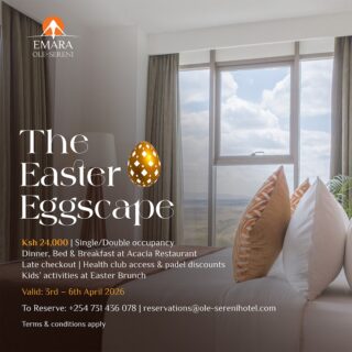 Celebrate Easter at Emara with a stay that blends warmth, comfort, and timeless charm. Because you deserve a break that feels as good as it looks. 

Ksh. 24,000 | Single / Double Occupancy 
Dinner, Bed & Breakfast At Acacia Restaurant
Late Check-Out | Health Club Access & Padel Discounts
Kids’ Activities during Easter Sunday Brunch 
Valid 3rd - 6th April 2026

To Book; +254 731 436078 | reservations@ole-serenihotel.com

#EmaraOleSereni #EasterEggscape #BestHotelInNairobi