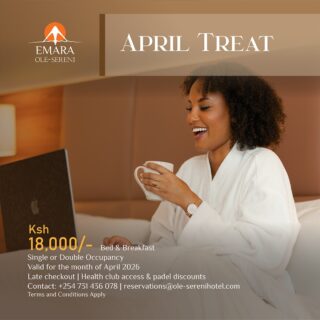 As March winds down, consider this your sign to start April differently. Enjoy your special room rates, wake up to breathtaking views and unwind in a space that blends nature with comfort. 

To book a stay, call +254 732 191 000. 

#EmaraOleSereni #AprilTreat #BestHotelInNairobi