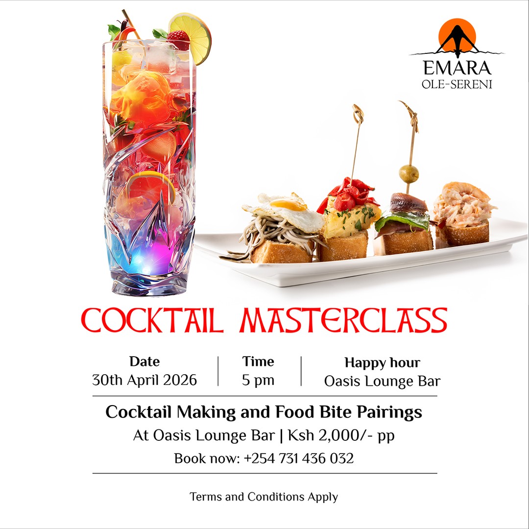 Ever wondered what goes into the perfect cocktail? Join us at Oasis Lounge on 30th April for an exclusive Cocktail Masterclass and let our expert mixilogists guide you through the art of crafting a signature cocktail as you enjoy paired bitings. 

To reserve a table, call +254 731 436571.

#EmaraOleSereni #CocktailMasterclass #BestHotelInNairobi