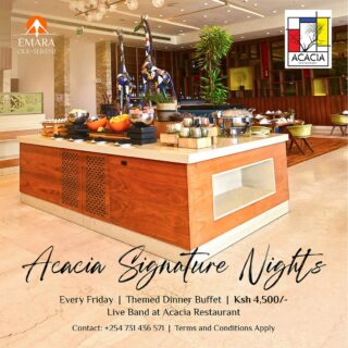 Friday evenings call for dinner with your loved ones. Every Friday, Acacia Restaurant invites you to experience our Acacia Signature Nights - a thoughtfully curated experience where every week tells a different culinary story.

To reserve a table, call +254 731 436571.

#EmaraOleSereni #AcaciaRestaurant #AcaciaSignatureNights