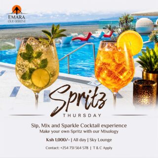 Thursdays just got a little more sparkling. Join us every Thursday for an interactive cocktail experience where you get to create your own signature spritz while soaking in the breathtaking views at Sky Lounge.

To reserve a table, call +254 731 564578.

#EmaraOleSereni #SkyLounge #SpritzThursday