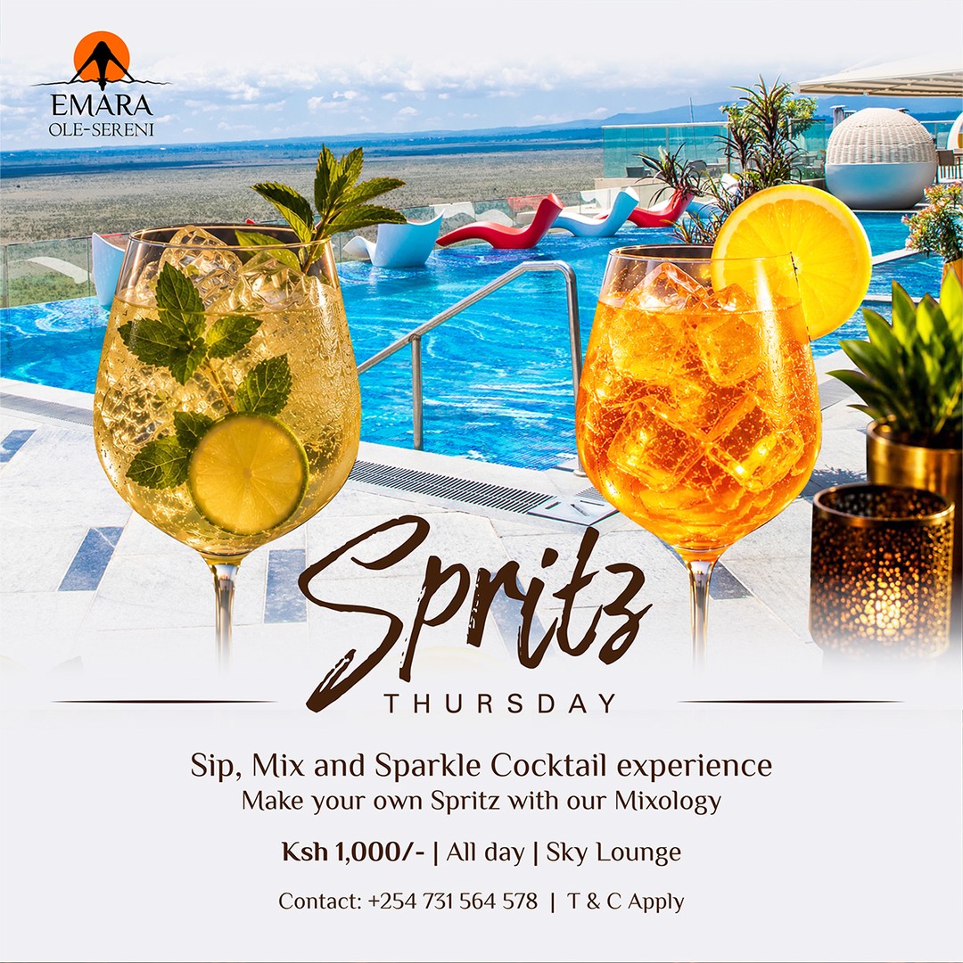 Thursdays just got a little more sparkling. Join us every Thursday for an interactive cocktail experience where you get to create your own signature spritz while soaking in the breathtaking views at Sky Lounge.

To reserve a table, call +254 731 564578.

#EmaraOleSereni #SkyLounge #SpritzThursday