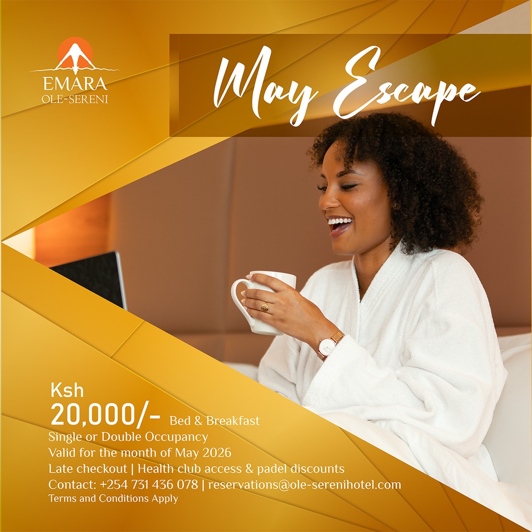 A little escape might be exactly what you need this May.
Wake up to comfort, slow mornings and elevated stays at Emara Ole-Sereni with our May Escape offer featuring bed & breakfast, late checkout, health club access and padel discounts.
Ksh 20,000/-
Single or Double Occupancy
Valid for the month of May 2026.
Reservations:
+254 731 436 078
reservations@ole-serenihotel.com

#MayEscape #EmaraOleSereni #Staycation