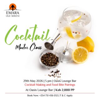 Ever wondered what goes into crafting the perfect cocktail? Step behind the bar at Oasis Lounge on 29th May for an exclusive cocktail masterclass and learn how to craft a signature cocktail guided by our expert mixologists. 

To reserve a spot, call +254 731 436 032

#EmaraOleSereni #OasisLounge #CocktailMasterclass