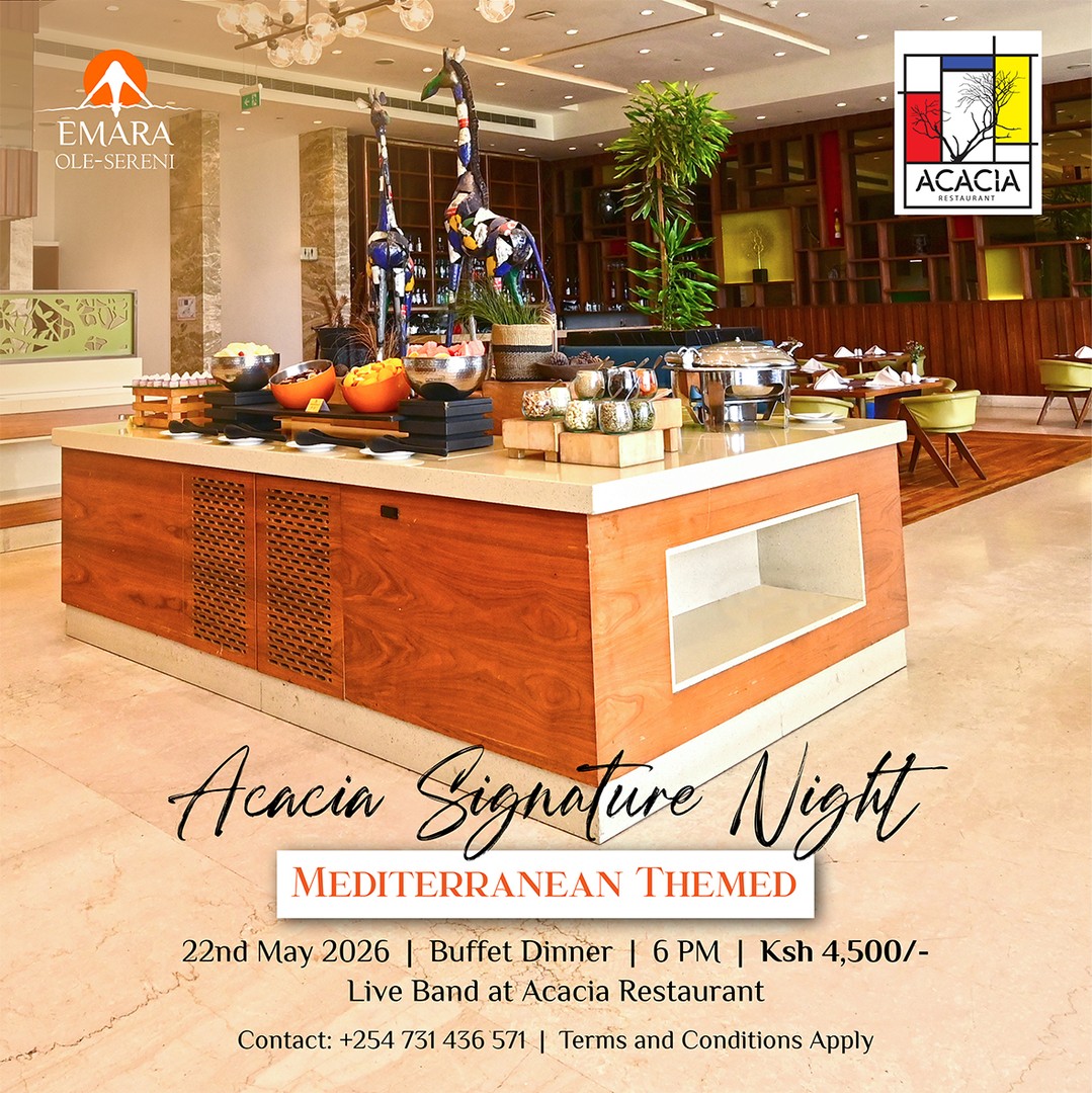 This week's edition of Acacia Signature Nights showcases a Mediterranean-inspired dining experience. From rich coastal cuisines to flavourful buffet selections, it’s an evening crafted for good food, great company, and unforgettable moments.

Acacia Restaurant | 22nd May 2026
Themed Buffet Dinner | Live Band | Ksh. 4,500 PP
From 6 PM Onwards

To Reserve a table, call +254 731 436571.

#EmaraOleSereni #AcaciaRestaurant #BestHotelInNairobi