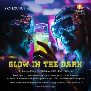 Glow In The Dark Party returns to Sky Lounge on 20th June. Join us for an electrifying rooftop party featuring live entertainment, neon glow bracelet, UV facepaint, 360° photobooth and a welcome drink.

To purchase tickets, emaraolesereni.hustlesasa.shop

#EmaraOleSereni #GlowInTheDark #SkyLounge