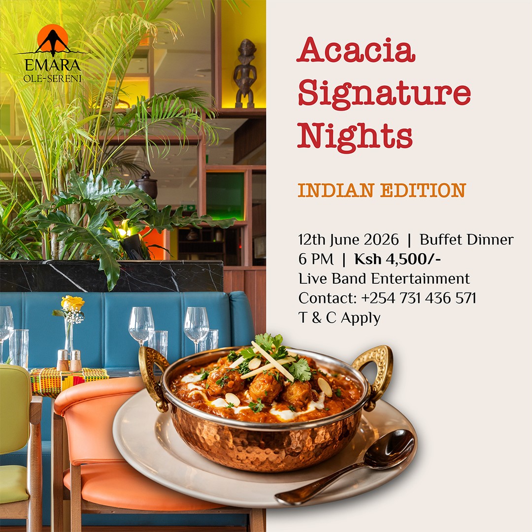 Spice up your Friday evening with a culinary journey through the vibrant flavors of Indian cuisine.  This week at Acacia Signature Nights, enjoy an exquisite Indian themed buffet featuring authentic flavors, bold spices, and timeless recipes, all served in the warm ambiance of Acacia Restaurant.

To reserve a table, call +254 731 436571.

#EmaraOleSereni #AcaciaRestaurant #BestHotelInNairobi