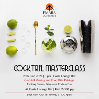 Step behind the bar and discover the art of mixology! Join us for an interactive Cocktail Masterclass at Oasis Lounge on 26th June, and learn how to craft your own signature cocktail. Expect an evening of delicious food bites, exciting games, great company, and fantastic prizes.

To reserve a spot, call +254 731 436 032.

#EmaraOleSereni #OasisLoungeBar #CocktailMasterclass