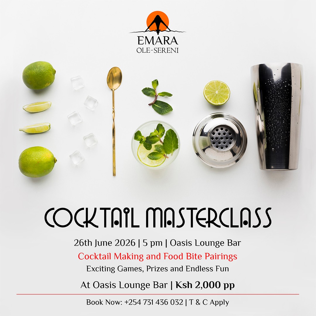 Step behind the bar and discover the art of mixology! Join us for an interactive Cocktail Masterclass at Oasis Lounge on 26th June, and learn how to craft your own signature cocktail. Expect an evening of delicious food bites, exciting games, great company, and fantastic prizes.

To reserve a spot, call +254 731 436 032.

#EmaraOleSereni #OasisLoungeBar #CocktailMasterclass