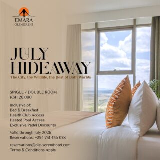 This July, experience the perfect balance of urban sophistication and untamed beauty of the park. From skyline views to wildlife sightings, discover a stay where every moment offers the best of both worlds. Book your stay today! 

Ksh. 20,000 | Single/Double Occupancy | Bed & Breakfast
Health Club Access | Heated Pool Access | Exclusive Padel Discounts
Valid through July 2026

To book a stay, call +254 731 436078 or email reservations@ole-serenihotel.com

#EmaraOleSereni #JulyHideaway #BestHotelInNairobi