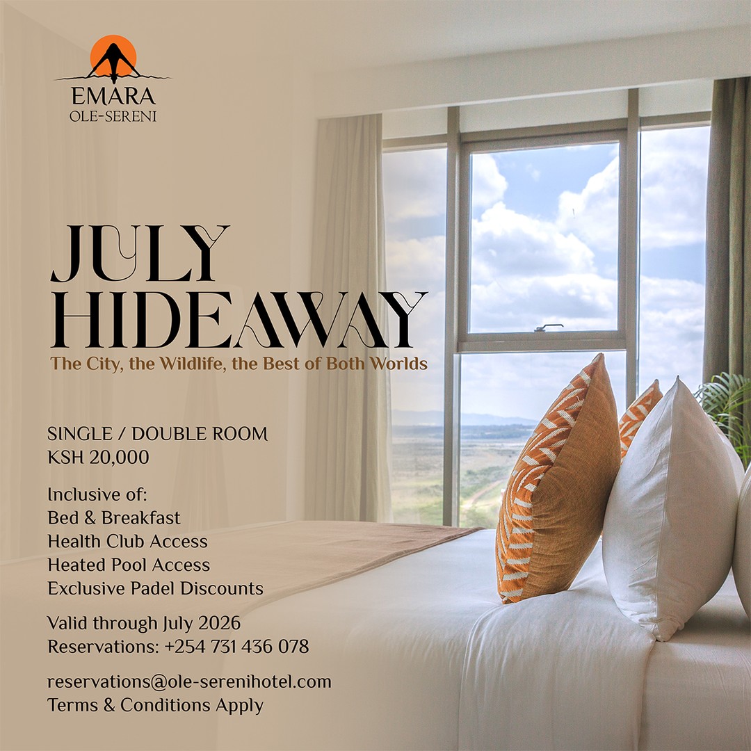 This July, experience the perfect balance of urban sophistication and untamed beauty of the park. From skyline views to wildlife sightings, discover a stay where every moment offers the best of both worlds. Book your stay today! 

Ksh. 20,000 | Single/Double Occupancy | Bed & Breakfast
Health Club Access | Heated Pool Access | Exclusive Padel Discounts
Valid through July 2026

To book a stay, call +254 731 436078 or email reservations@ole-serenihotel.com

#EmaraOleSereni #JulyHideaway #BestHotelInNairobi