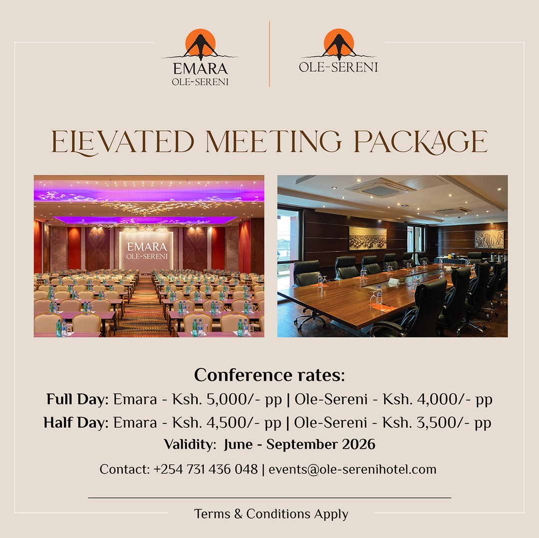 Big ideas deserve the perfect setting. From large scale conferences to corporate retreats and executive retreats, Ole-Sereni Hotels offers versatile venues, exceptional service, and inspiring views to elevate every event.

Host your meetings, conferences, seminars, and corporate gatherings at Ole-Sereni Hotels and enjoy special promotional rates from June through September. To book a meeting, call +254 732 191000

#EmaraOleSereni #OleSereni #ElevatedMeetingPackage