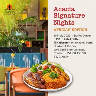 This Friday on Acacia Signature Nights, discover the heart of Africa through its cuisine. Experience our African-themed buffet at Acacia Restaurant inspired by the continent's rich culinary traditions. From aromatic spices to hearty classics, every dish is thoughtfully prepared for a memorable dining experience.

To reserve a table, call +254 731 436571.

#EmaraOleSereni #AcaciaRestaurant #AcaciaSignatureNights