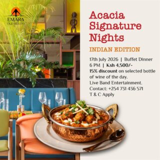 Spice up your Friday evening with a culinary journey through the vibrant flavors of Indian cuisine.  This week at Acacia Signature Nights, enjoy an exquisite Indian themed buffet featuring authentic flavors, bold spices, and timeless recipes, all served in the warm ambiance of Acacia Restaurant.

To reserve a table, call +254 731 436571.

#EmaraOleSereni #AcaciaRestaurant #BestHotelInNairobi