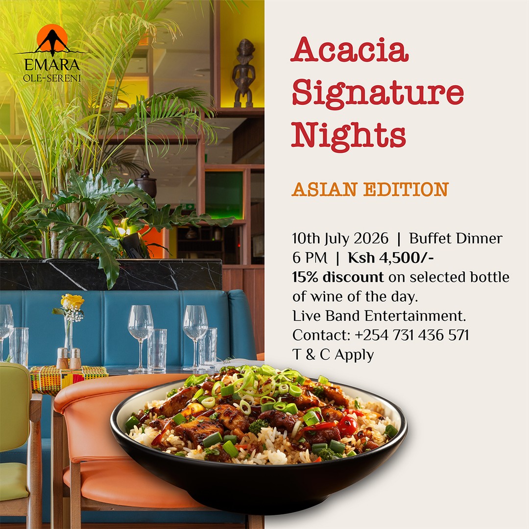 This Friday on Acacia Signature Nights, Acacia Restaurant invites you to experience experience the rich flavours of Asia. From authentic dishes to aromatic spices, experience a culinary journey through the continent's most celebrated cuisines.

To reserve a table, call +254 731 436571.

#EmaraOleSereni #AcaciaRestaurant #AcaciaSignatureNights