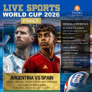 Football's biggest night deserves an unforgettable setting! Experience the FIFA World Cup Final from one of Nairobi's most spectacular rooftop venues as Argentina take on Spain live on an outdoor LED screen at Sky Lounge. Enjoy live DJ sets, signature cocktails, and a rooftop atmosphere that keeps the celebrations going long after the final whistle.

To reserve a table, call +254 731 564578.

#EmaraOleSereni #SkyLounge #WorldCupFinals