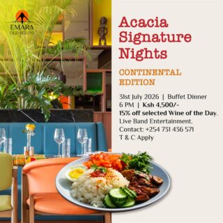 This Friday on Continental Night, discover the world through its flavours. Experience our international themed buffet at Acacia Restaurant, featuring a selection of classic dishes inspired by cuisines from across the globe. Enjoy 15% off selected bottles of wine of the day as you dine.

To reserve a table, call +254 731 436571

#EmaraOleSereni #Acaciarestaurant #AcaciaSignatureNights