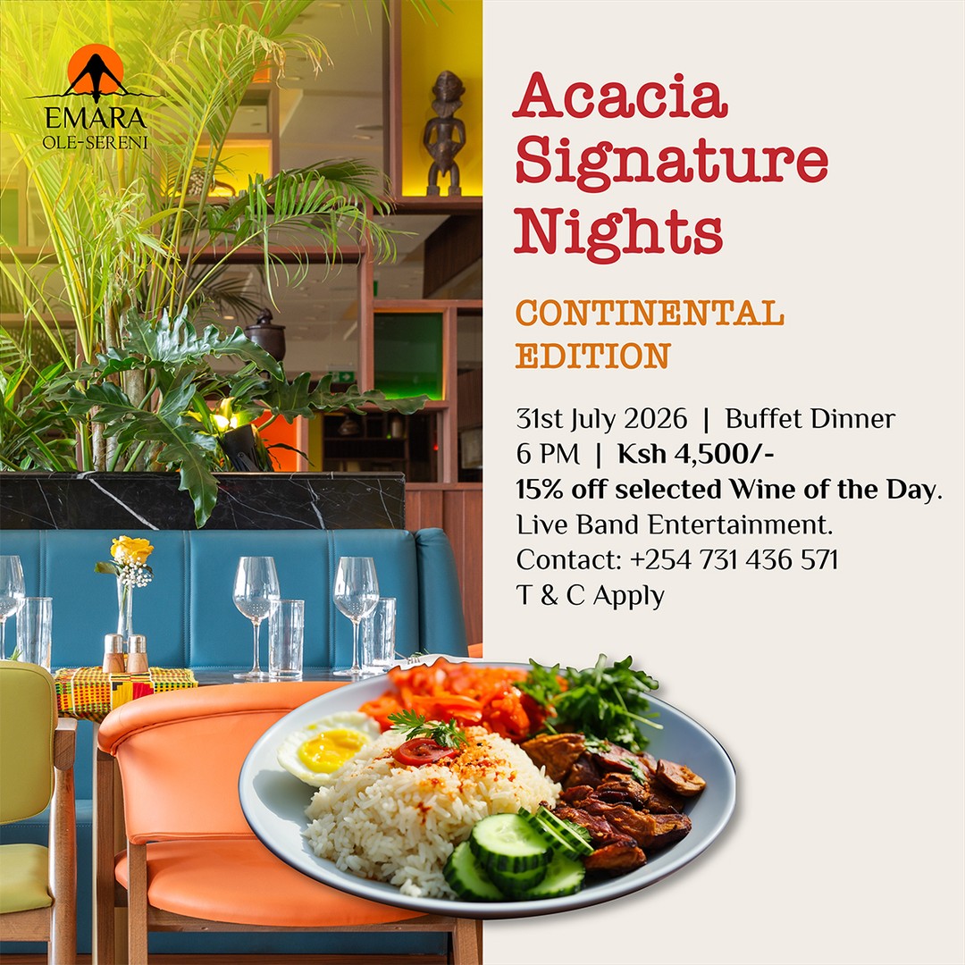 This Friday on Continental Night, discover the world through its flavours. Experience our international themed buffet at Acacia Restaurant, featuring a selection of classic dishes inspired by cuisines from across the globe. Enjoy 15% off selected bottles of wine of the day as you dine.

To reserve a table, call +254 731 436571

#EmaraOleSereni #Acaciarestaurant #AcaciaSignatureNights