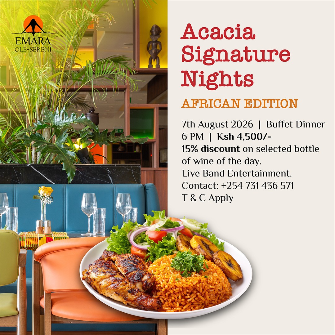 This Friday on Acacia Signature Nights, discover the heart of Africa through its cuisine. Experience our African-themed buffet at Acacia Restaurant inspired by the continent's rich culinary traditions. From aromatic spices to hearty classics, every dish is thoughtfully prepared for a memorable dining experience.

To reserve a table, call +254 731 436571.

#EmaraOleSereni #AcaciaRestaurant #AcaciaSignatureNights