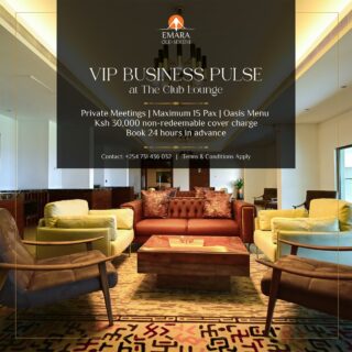 Step away from the usual meeting room and host your next private gathering at The Club Lounge. Designed for intimate business meetings of up to 15 guests, with a bespoke menu and a seamless, premium setting.

KSh 30,000 non-redeemable cover charge | Book 24 hours in advance.

To reserve a table, call +254 731 436571.

#EmaraOleSereni #VIPBusinessPulse #BestHotelInNairobi