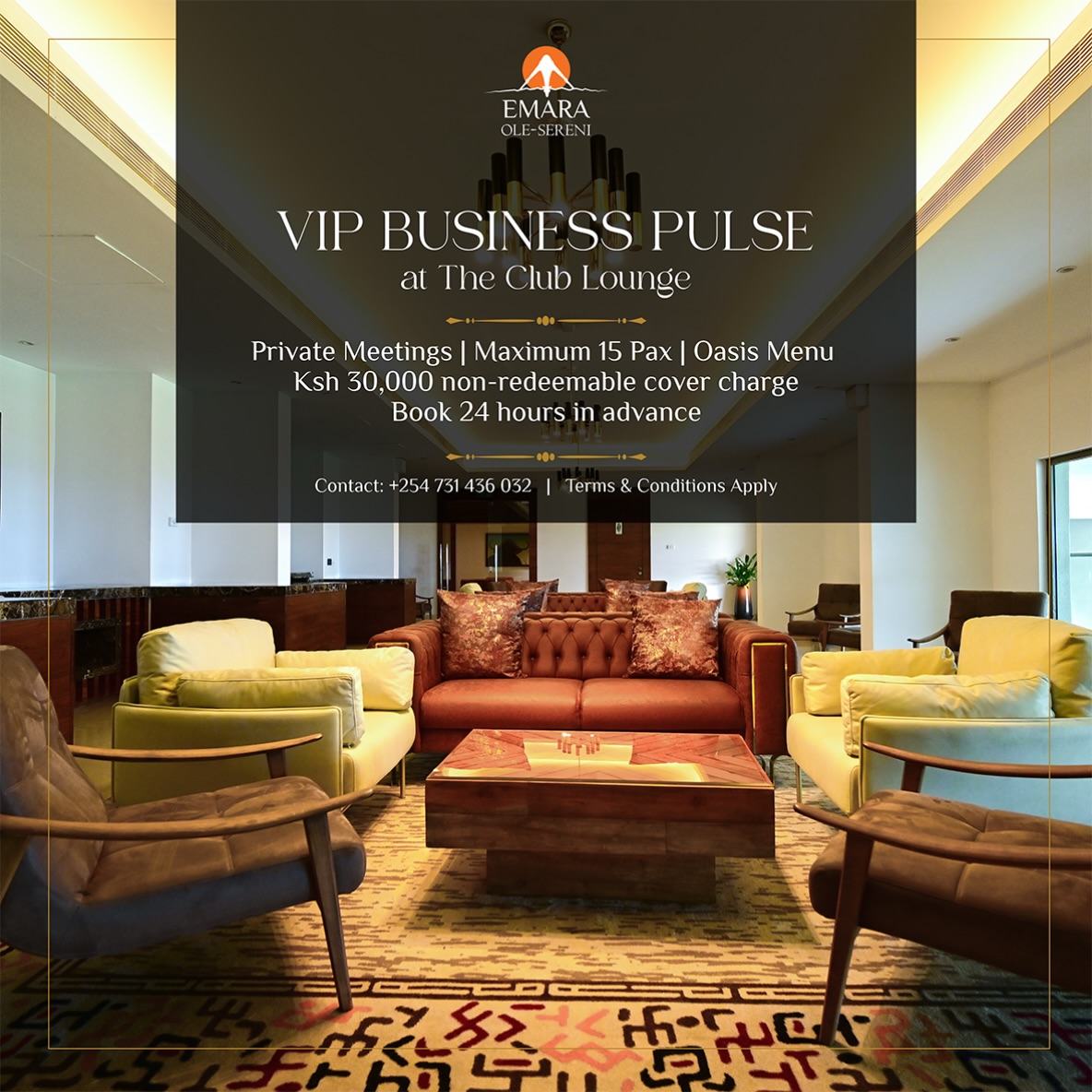 Step away from the usual meeting room and host your next private gathering at The Club Lounge. Designed for intimate business meetings of up to 15 guests, with a bespoke menu and a seamless, premium setting.

KSh 30,000 non-redeemable cover charge | Book 24 hours in advance.

To reserve a table, call +254 731 436571.

#EmaraOleSereni #VIPBusinessPulse #BestHotelInNairobi