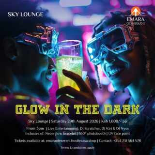 Glow In The Dark returns for its third edition. Join us on 29th August at Sky Lounge for an electrifying rooftop experience. Get your glow on with UV face paint, neon bracelets & a 360° photobooth, then dance all night with DJ Nyxx, Scratcher & Kiri.

Tickets available on emaraolesereni.hustlesasa.shop

#EmaraOleSereni #GlowInTheDark #SkyLounge