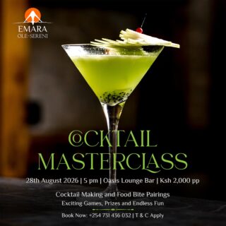 Cocktail Masterclass is back at Oasis Lounge Bar on 28th August. Join us this August for an exclusive cocktail making experience and enjoy signature food bitings, exciting indoor games and prizes to be won.

To reserve a spot, call +254 731 436032.

#EmaraOleSereni #CocktailMasterclass #BestHotelInNairobi