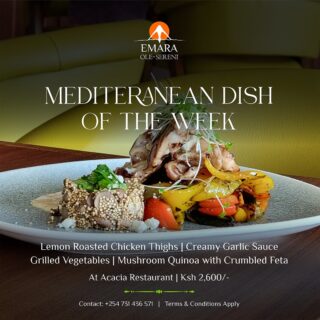 This This week at Acacia Restaurant, take your taste buds on a Mediterranean culinary journey with our lemon roasted chicken thighs with creamy garlic sauce and mushroom quinoa.

To reserve a table, call +254 731 436571.

#EmaraOleSereni #AcaciaRestaurant #BestHotelInNairobi