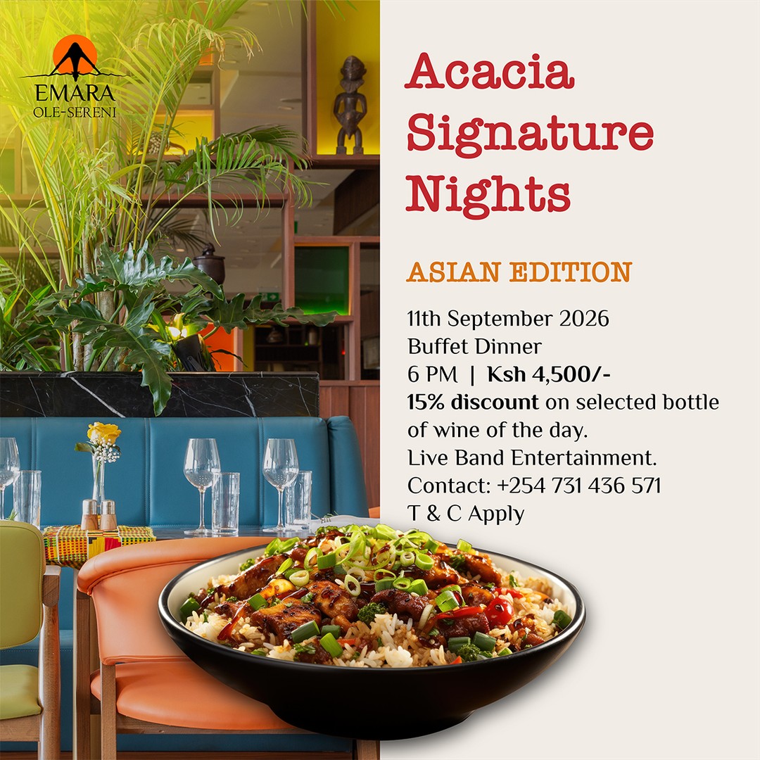 This Friday at Acacia Signature Nights, embark on a flavour-filled journey through Asia. From authentic dishes to aromatic spices, experience a culinary journey through the continent's most celebrated cuisines.

To reserve a table, call +254 731 436571.

#EmaraOleSereni #AcaciaRestaurant #AcaciaSignatureNights
